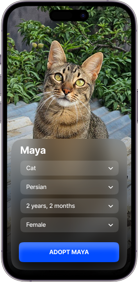 App interface showing pet adoption listing