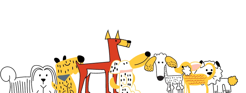 Illustration of seven colorful dogs standing side by side with two white hearts above them on a blue background