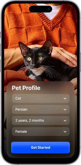 App interface showing pet insurance flow